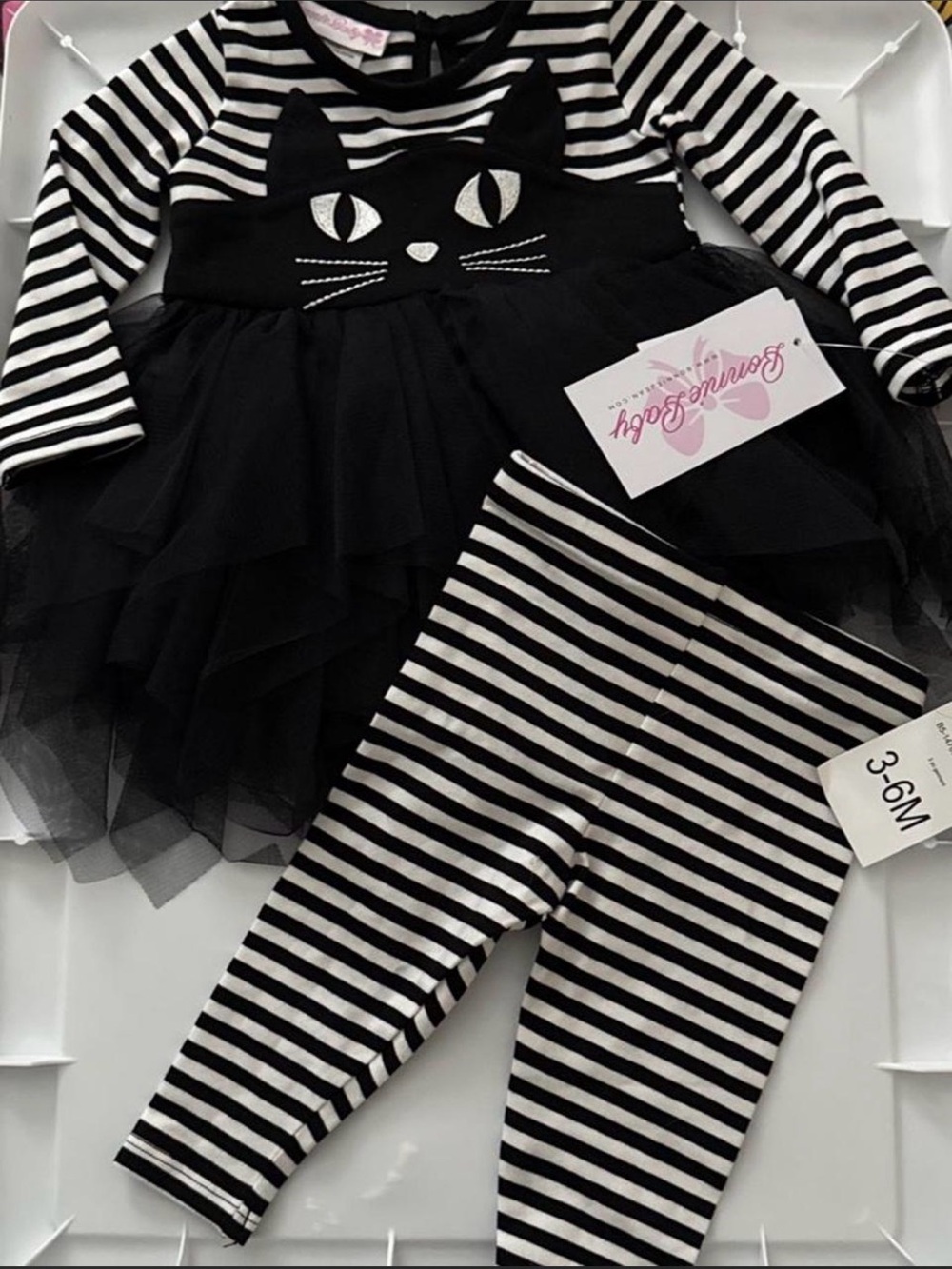 Bonnie Jean Girls 2-Pc Legging Set Black Cat Tutu Striped Halloween Outfit 3-6m